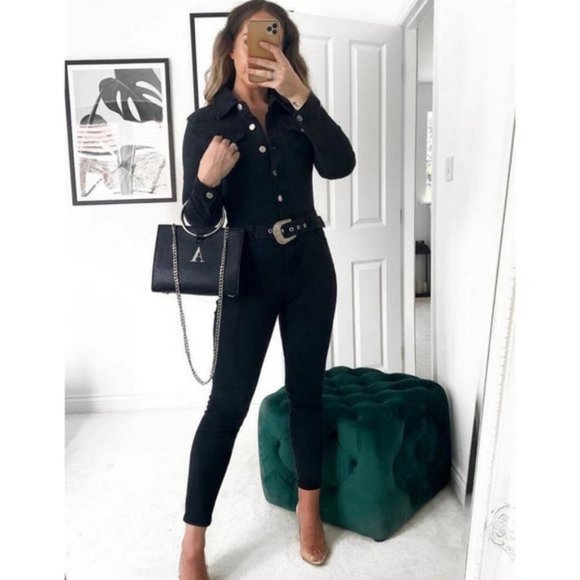 Black Denim Jeans Long Sleeve Belted Bodycon Jumpsuit Playsuit - Picture 7 of 10